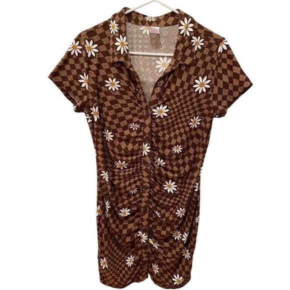 No Boundaries Juniors Jersey Mini Shirtdress L Brown Disco Retro Trippy Daisy - Picture 1 of 6